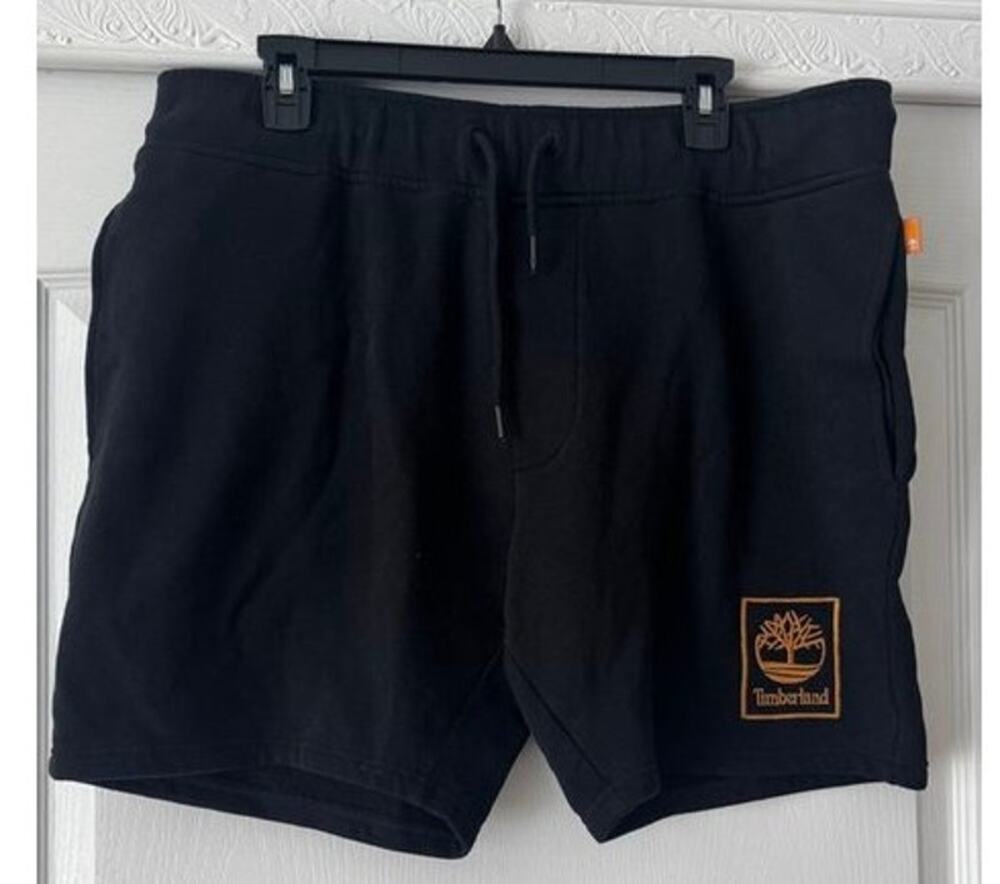 Timberland men’s fleece sweat shorts in classic black with orange logo -XL